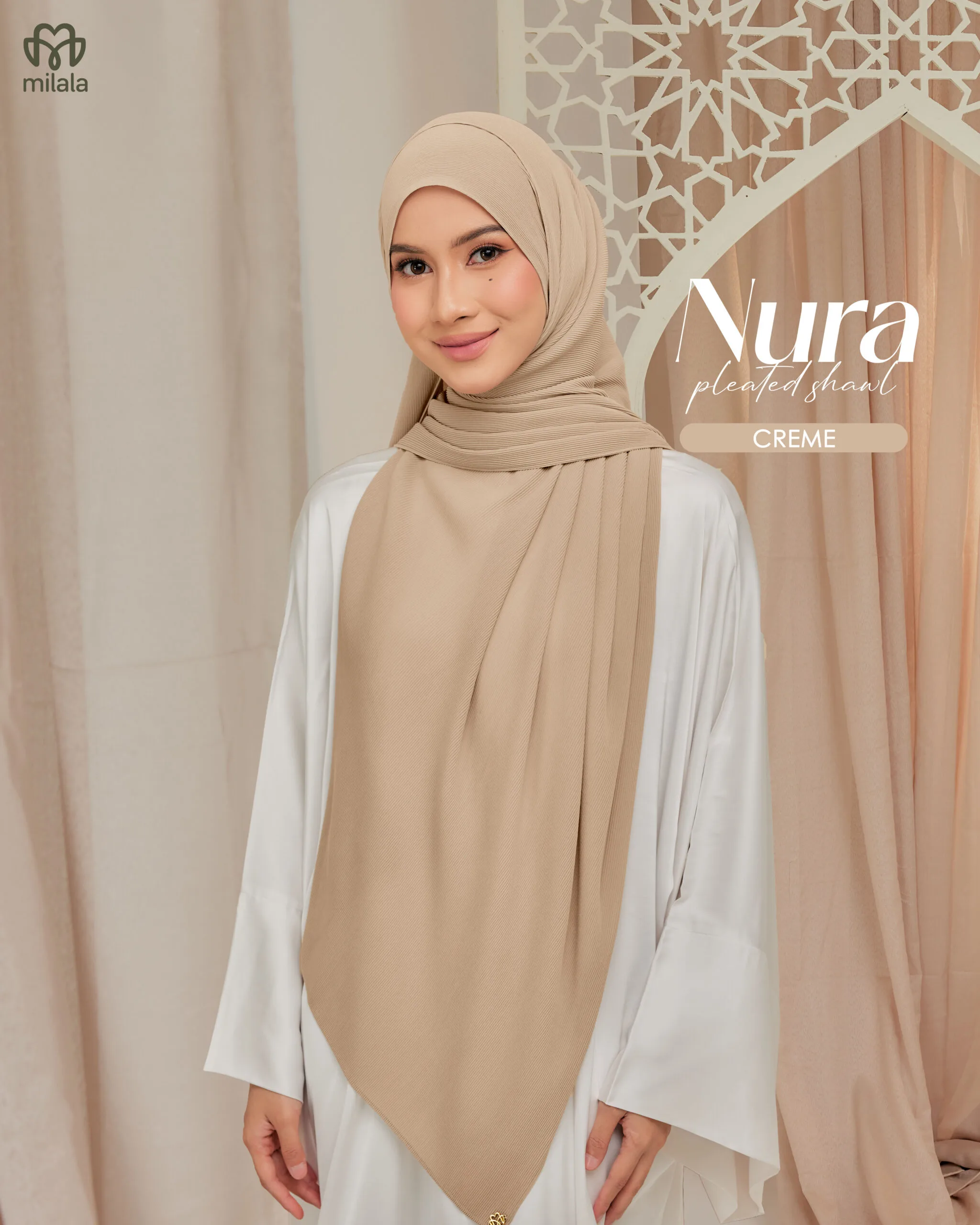 NURA PLEATED SHAWL(PLAIN EDITION)- CREME