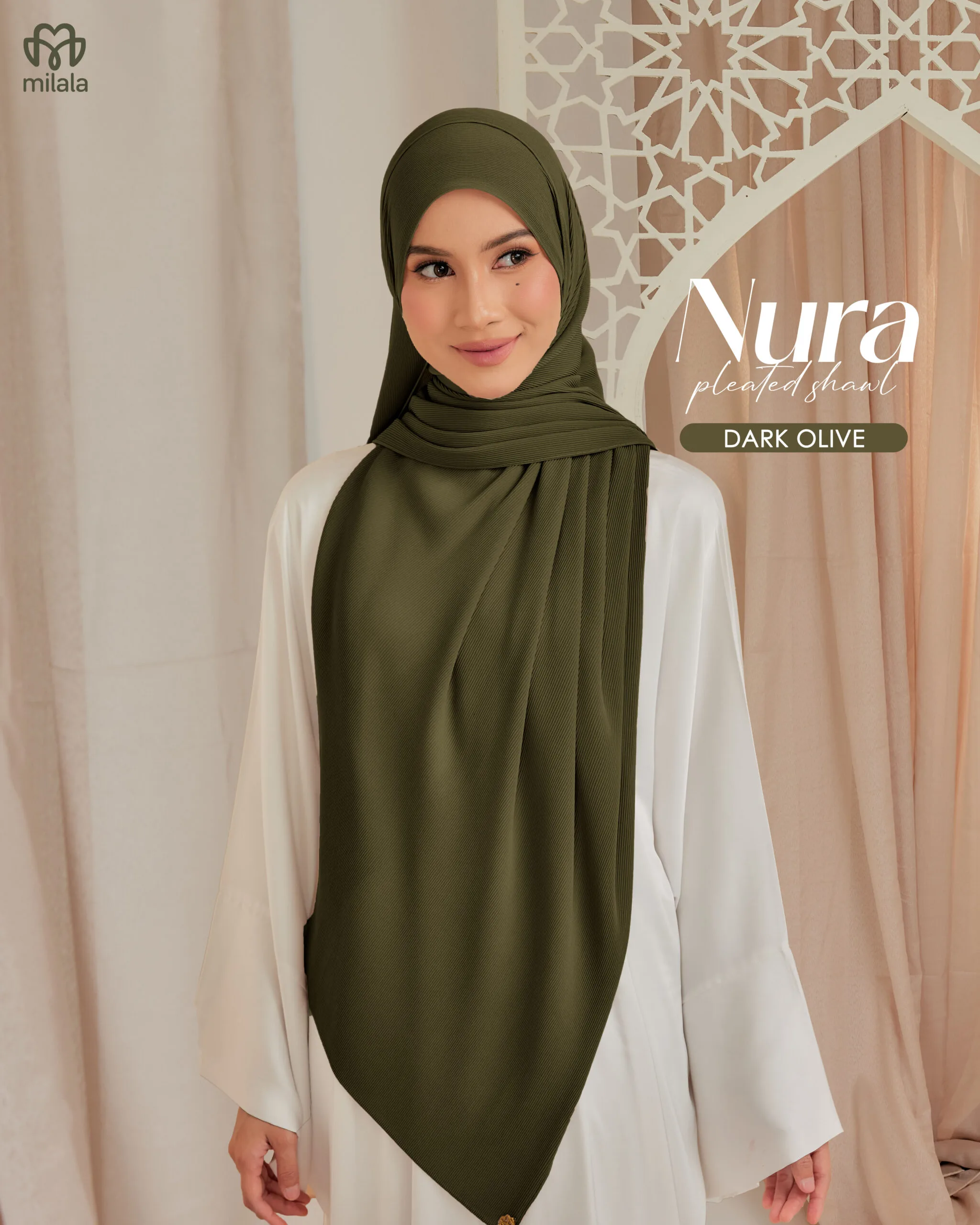 NURA PLEATED SHAWL(PLAIN EDITION)- DARK OLIVE