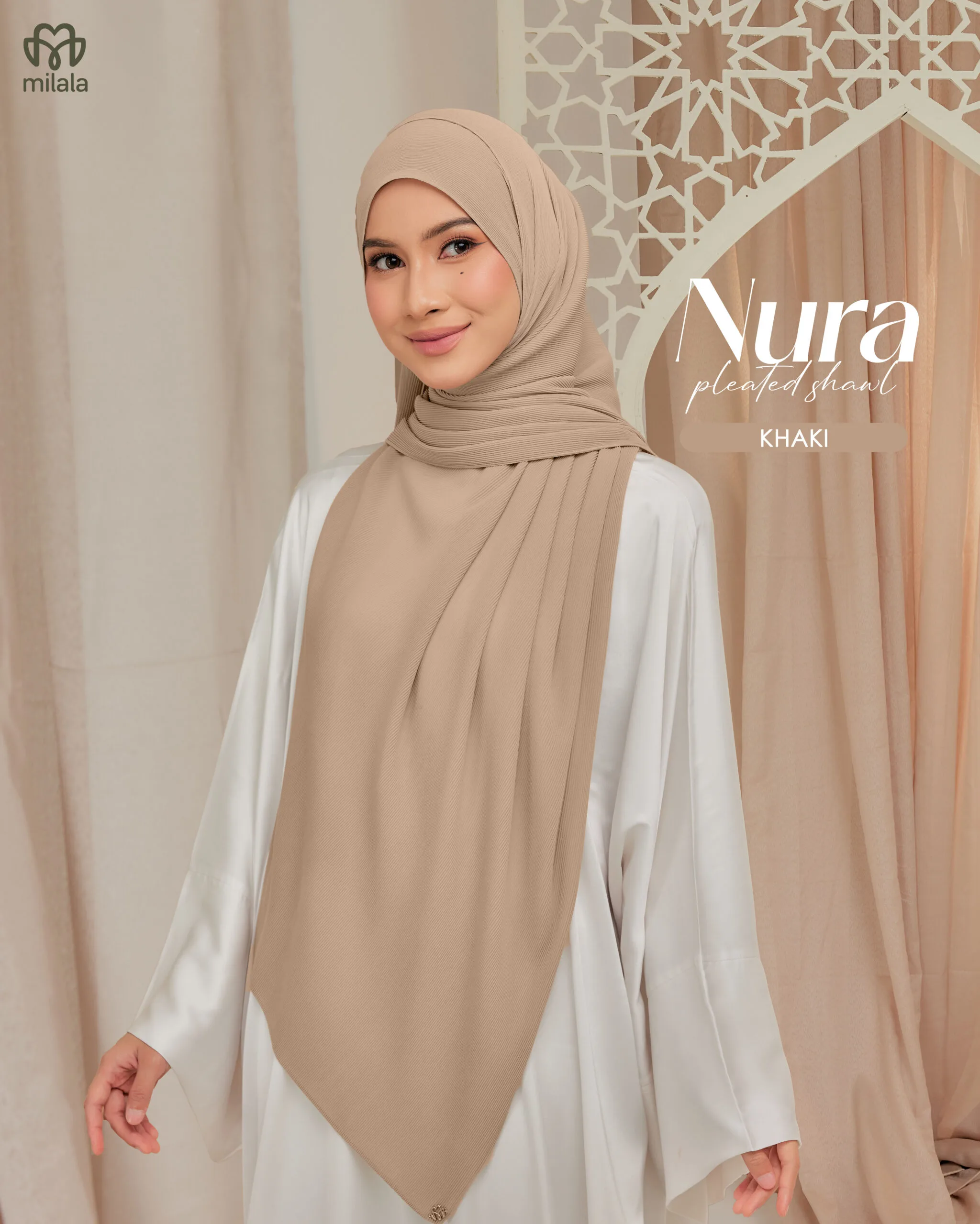 NURA PLEATED SHAWL(PLAIN EDITION)- KHAKI