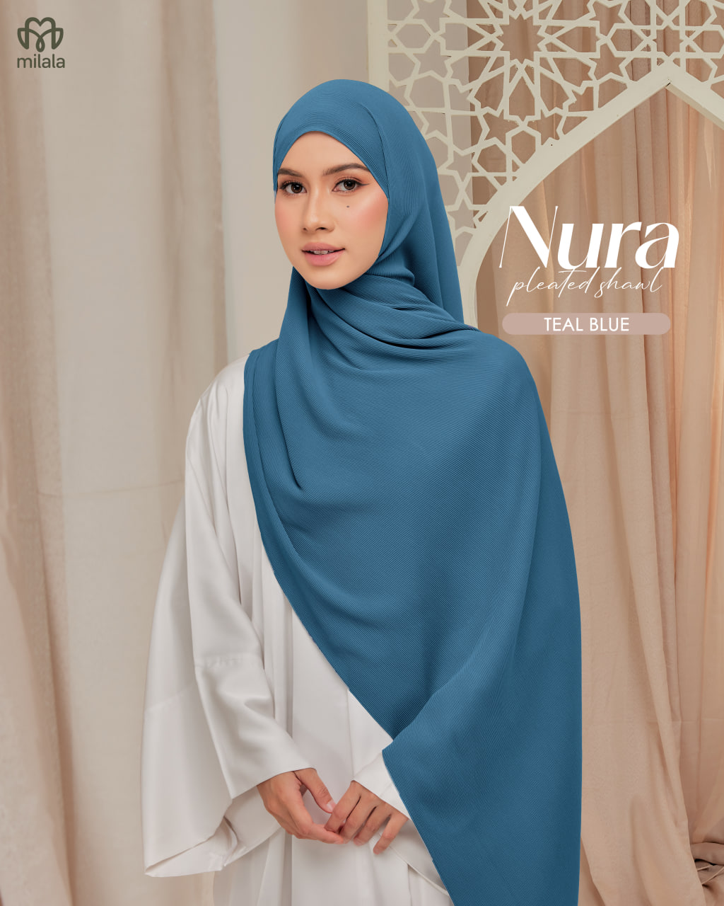 NURA PLEATED SHAWL(PLAIN EDITION)-TEAL BLUE